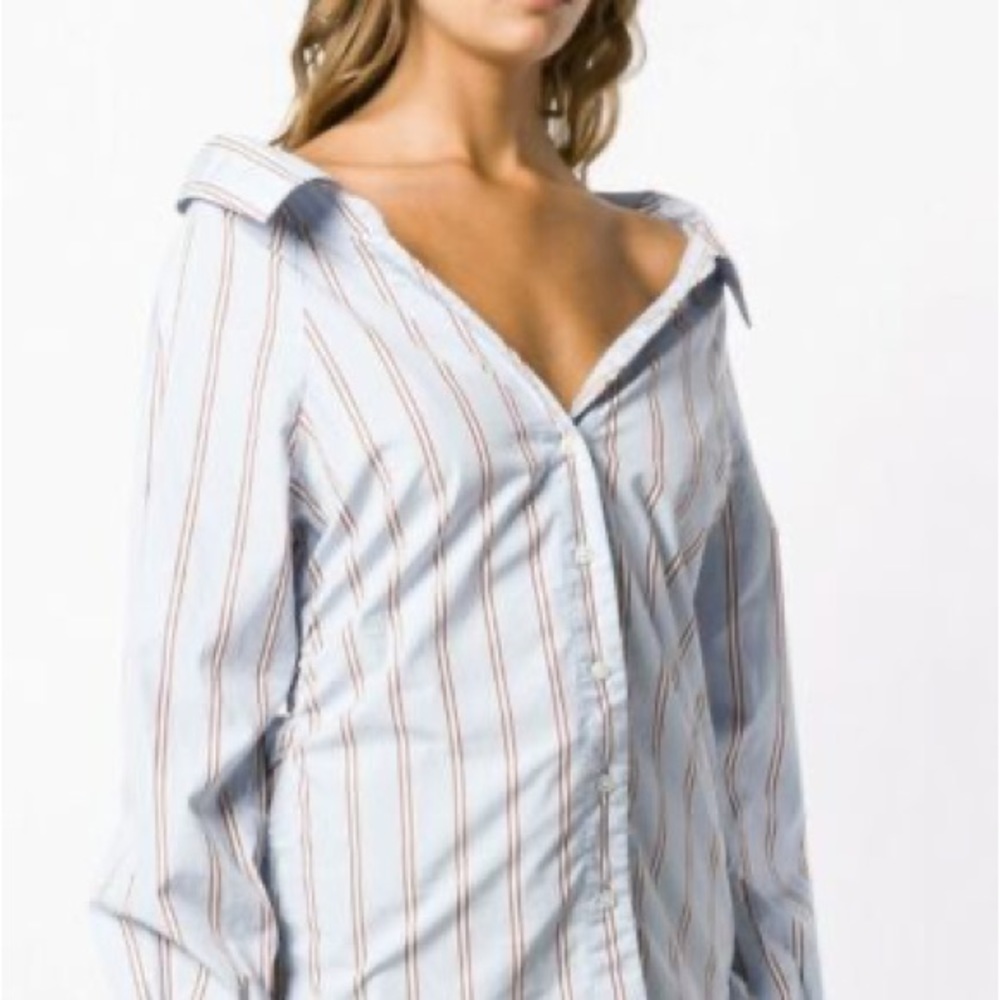 FRAME DENIM OFF-THE-SHOULDER STRIPED SHIRT, SZ S